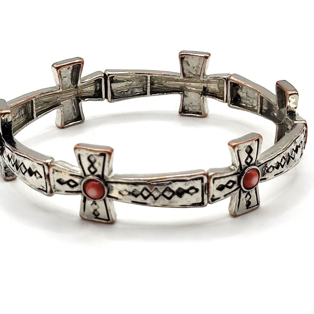 Navajo Style Silvertone Cross Bracelet 7in